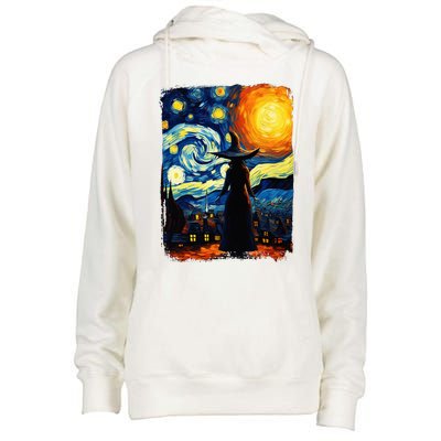 Witch Halloween Starry Night Van Gogh Aesthetic Painting Womens Funnel Neck Pullover Hood