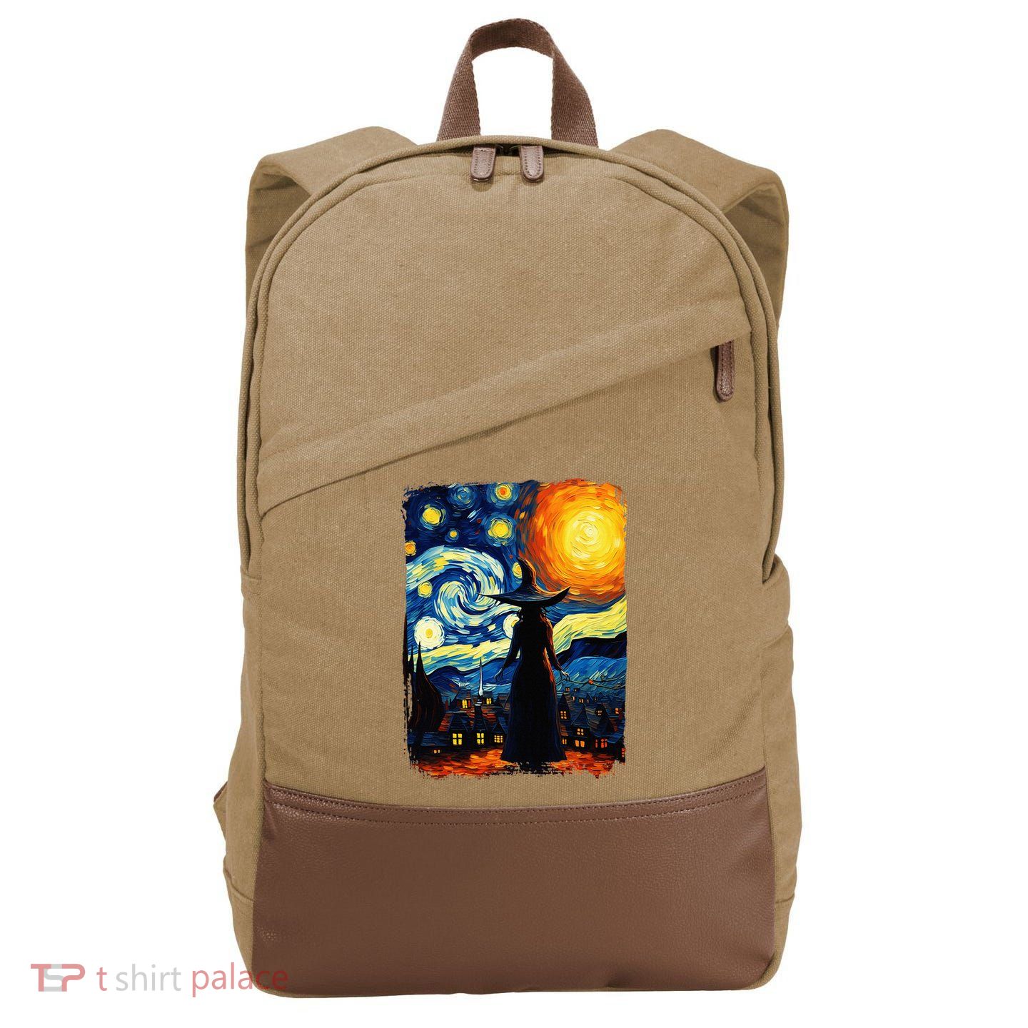 Witch Halloween Starry Night Van Gogh Aesthetic Painting Cotton Canvas Backpack