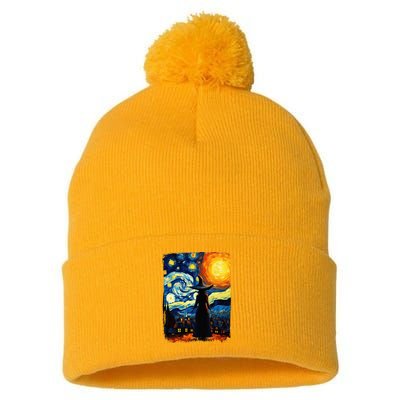 Witch Halloween Starry Night Van Gogh Aesthetic Painting Pom Pom 12in Knit Beanie