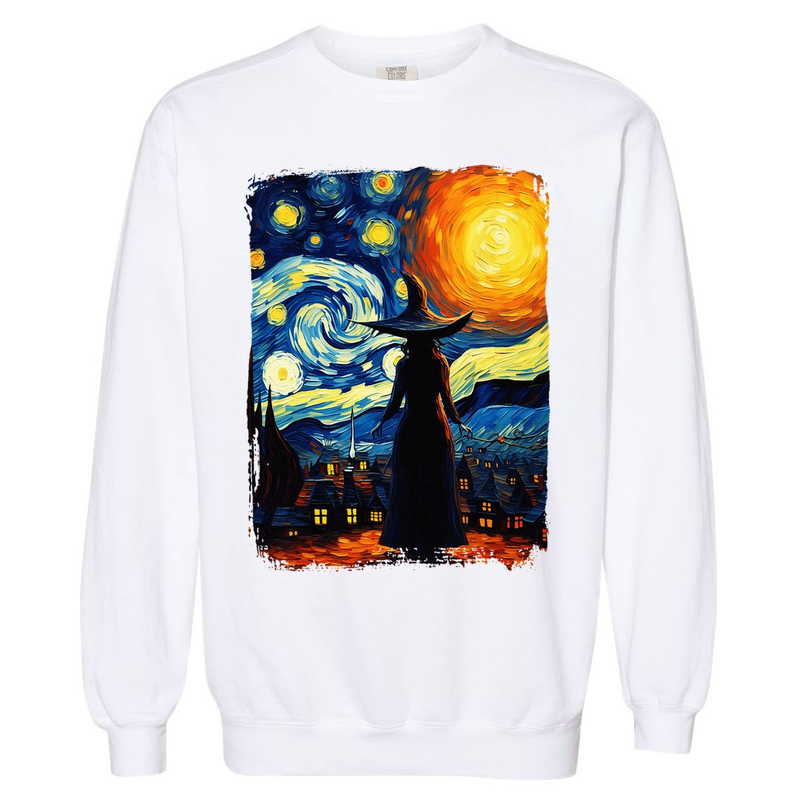 Witch Halloween Starry Night Van Gogh Aesthetic Painting Garment-Dyed Sweatshirt