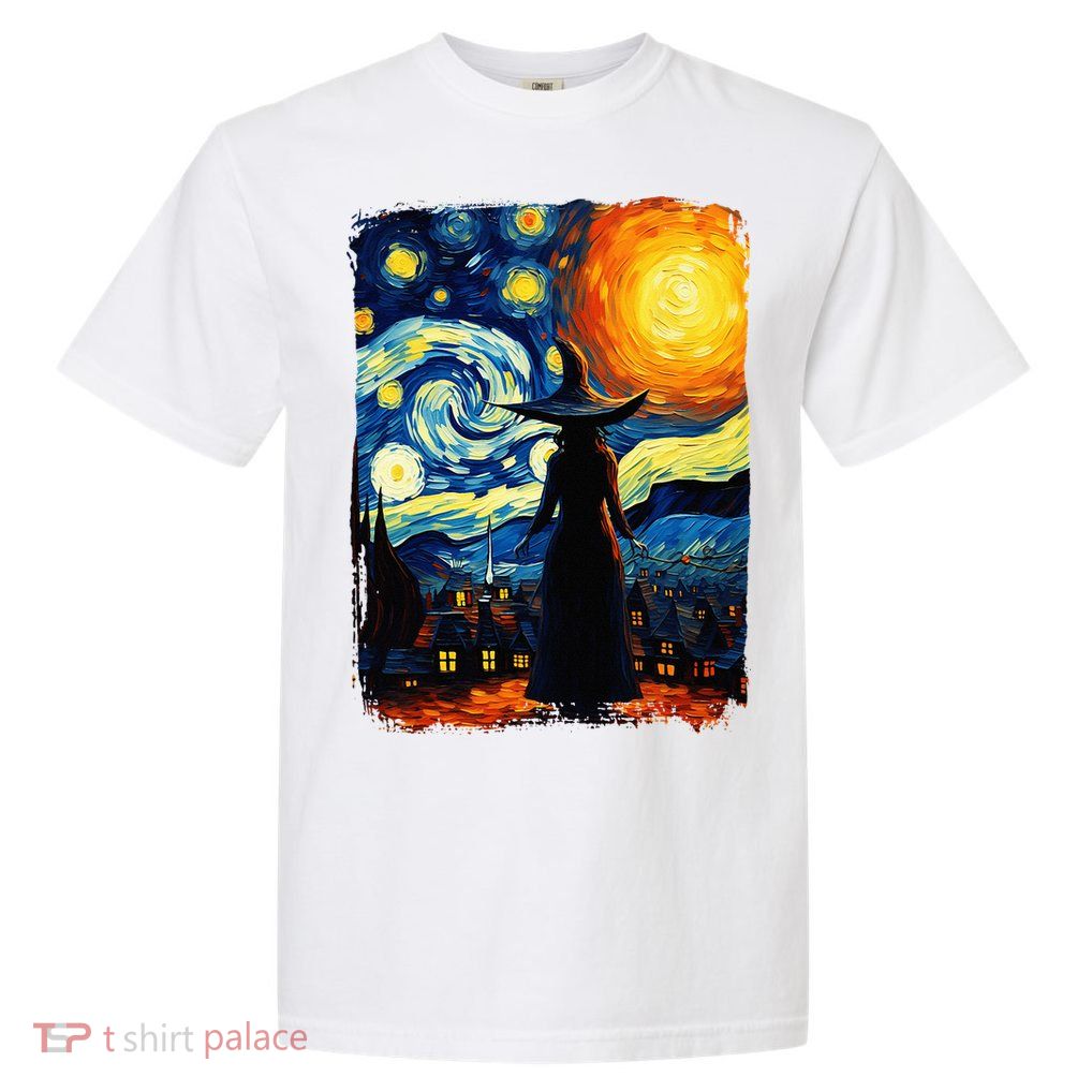 Witch Halloween Starry Night Van Gogh Aesthetic Painting Garment-Dyed Heavyweight T-Shirt