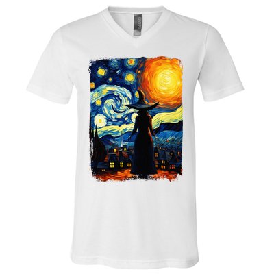 Witch Halloween Starry Night Van Gogh Aesthetic Painting V-Neck T-Shirt