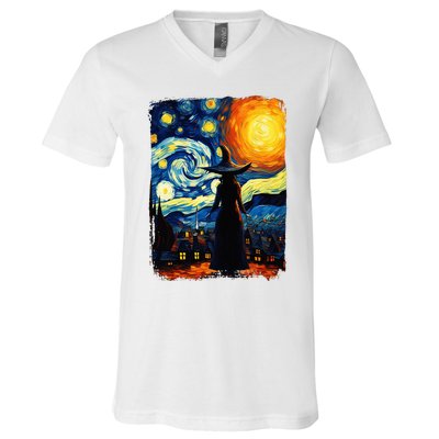 Witch Halloween Starry Night Van Gogh Aesthetic Painting V-Neck T-Shirt