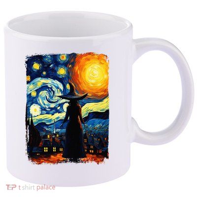 Witch Halloween Starry Night Van Gogh Aesthetic Painting 11oz C Handle Ceramic Mug