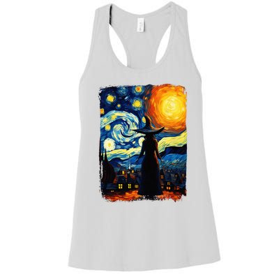 Witch Halloween Starry Night Van Gogh Aesthetic Painting Women's Racerback Tank