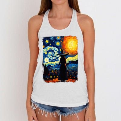 Witch Halloween Starry Night Van Gogh Aesthetic Painting Women's Knotted Racerback Tank