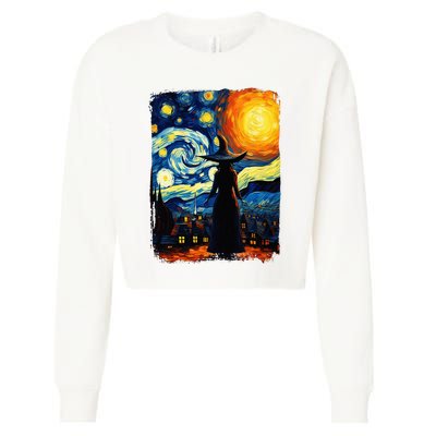 Witch Halloween Starry Night Van Gogh Aesthetic Painting Cropped Pullover Crew