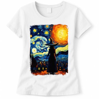 Witch Halloween Starry Night Van Gogh Aesthetic Painting Womens T-Shirt