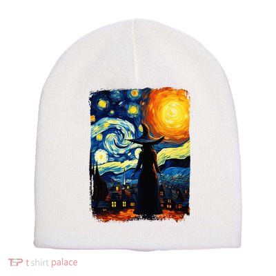 Witch Halloween Starry Night Van Gogh Aesthetic Painting Short Acrylic Beanie