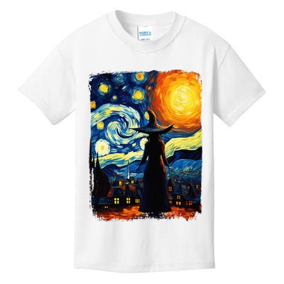Witch Halloween Starry Night Van Gogh Aesthetic Painting Kids T-Shirt