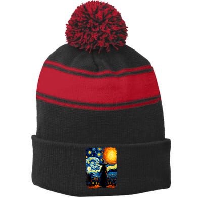 Witch Halloween Starry Night Van Gogh Aesthetic Painting Stripe Pom Pom Beanie