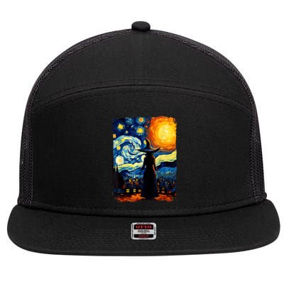 Witch Halloween Starry Night Van Gogh Aesthetic Painting 7 Panel Mesh Trucker Snapback Hat