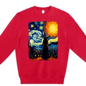 Witch Halloween Starry Night Van Gogh Aesthetic Painting Premium Crewneck Sweatshirt