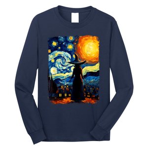 Witch Halloween Starry Night Van Gogh Aesthetic Painting Long Sleeve Shirt