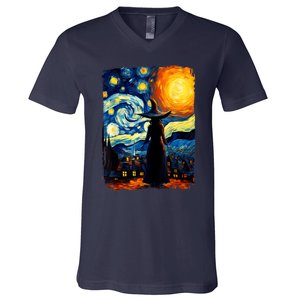 Witch Halloween Starry Night Van Gogh Aesthetic Painting V-Neck T-Shirt