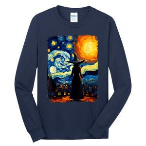 Witch Halloween Starry Night Van Gogh Aesthetic Painting Tall Long Sleeve T-Shirt