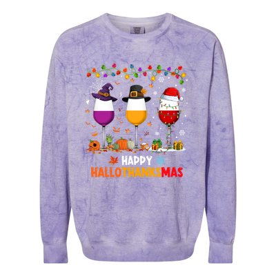 Wine Halloween Thanksgiving Christmas Happy Hallothanksmas Gift Colorblast Crewneck Sweatshirt