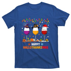 Wine Halloween Thanksgiving Christmas Happy Hallothanksmas Gift T-Shirt