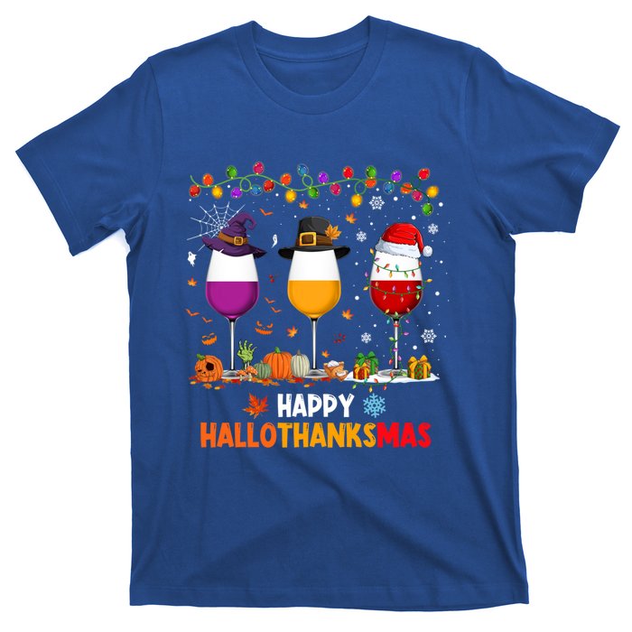 Wine Halloween Thanksgiving Christmas Happy Hallothanksmas Gift T-Shirt