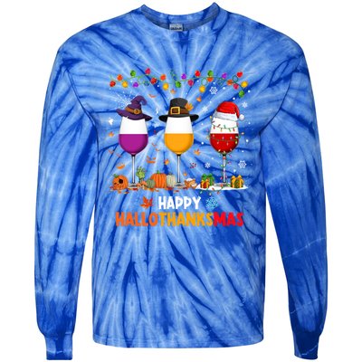 Wine Halloween Thanksgiving Christmas Happy Hallothanksmas Gift Tie-Dye Long Sleeve Shirt