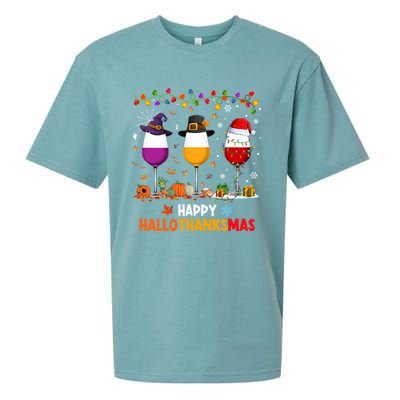 Wine Halloween Thanksgiving Christmas Happy Hallothanksmas Gift Sueded Cloud Jersey T-Shirt