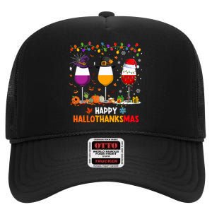 Wine Halloween Thanksgiving Christmas Happy Hallothanksmas High Crown Mesh Back Trucker Hat