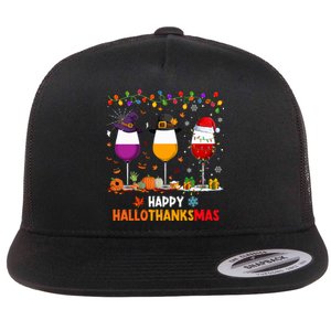 Wine Halloween Thanksgiving Christmas Happy Hallothanksmas Flat Bill Trucker Hat