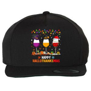 Wine Halloween Thanksgiving Christmas Happy Hallothanksmas Wool Snapback Cap