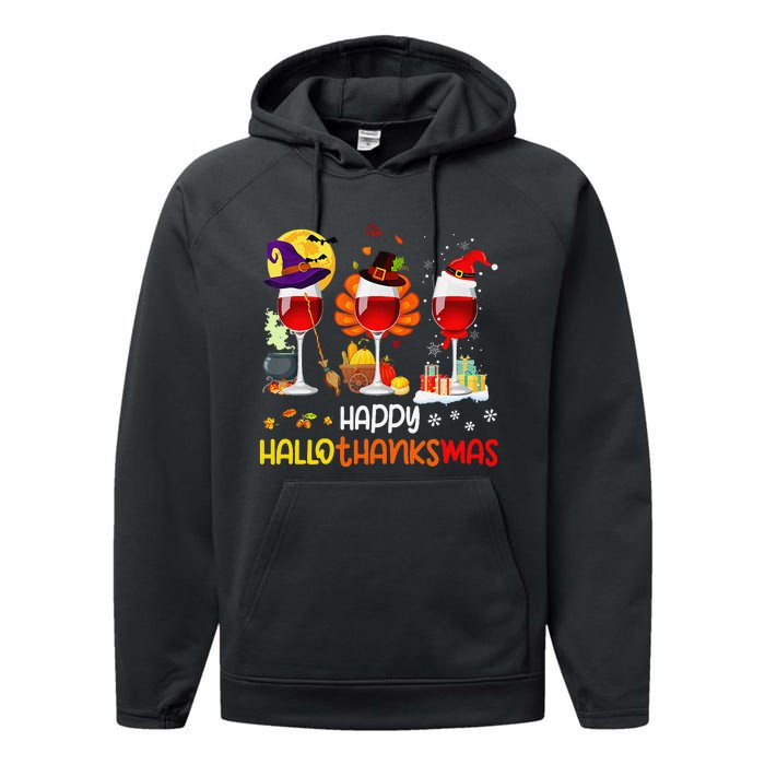 Wine Halloween Thanksgiving Christmas Happy Hallothanksmas Performance Fleece Hoodie