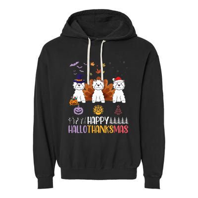 Westies Halloween Thanksgiving Christmas Happy Hallothankmas Garment-Dyed Fleece Hoodie