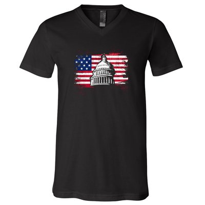 White House Usa Flag . V-Neck T-Shirt