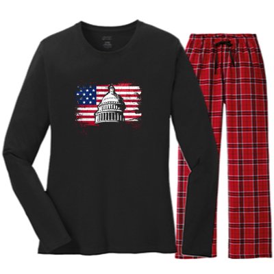 White House Usa Flag . Women's Long Sleeve Flannel Pajama Set 