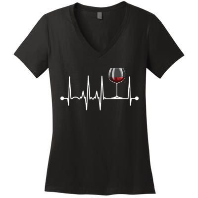 Wine Heartbeat Wine Drinker Lover Tasting Gift Wine Glass Women's V-Neck T-Shirt