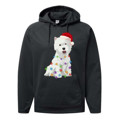 West Highland White Terrier Westie Christmas Lights Xmas Dog Long Sleeve Performance Fleece Hoodie