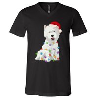 West Highland White Terrier Westie Christmas Lights Xmas Dog Long Sleeve V-Neck T-Shirt