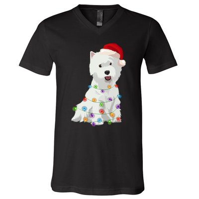 West Highland White Terrier Westie Christmas Lights Xmas Dog Long Sleeve V-Neck T-Shirt