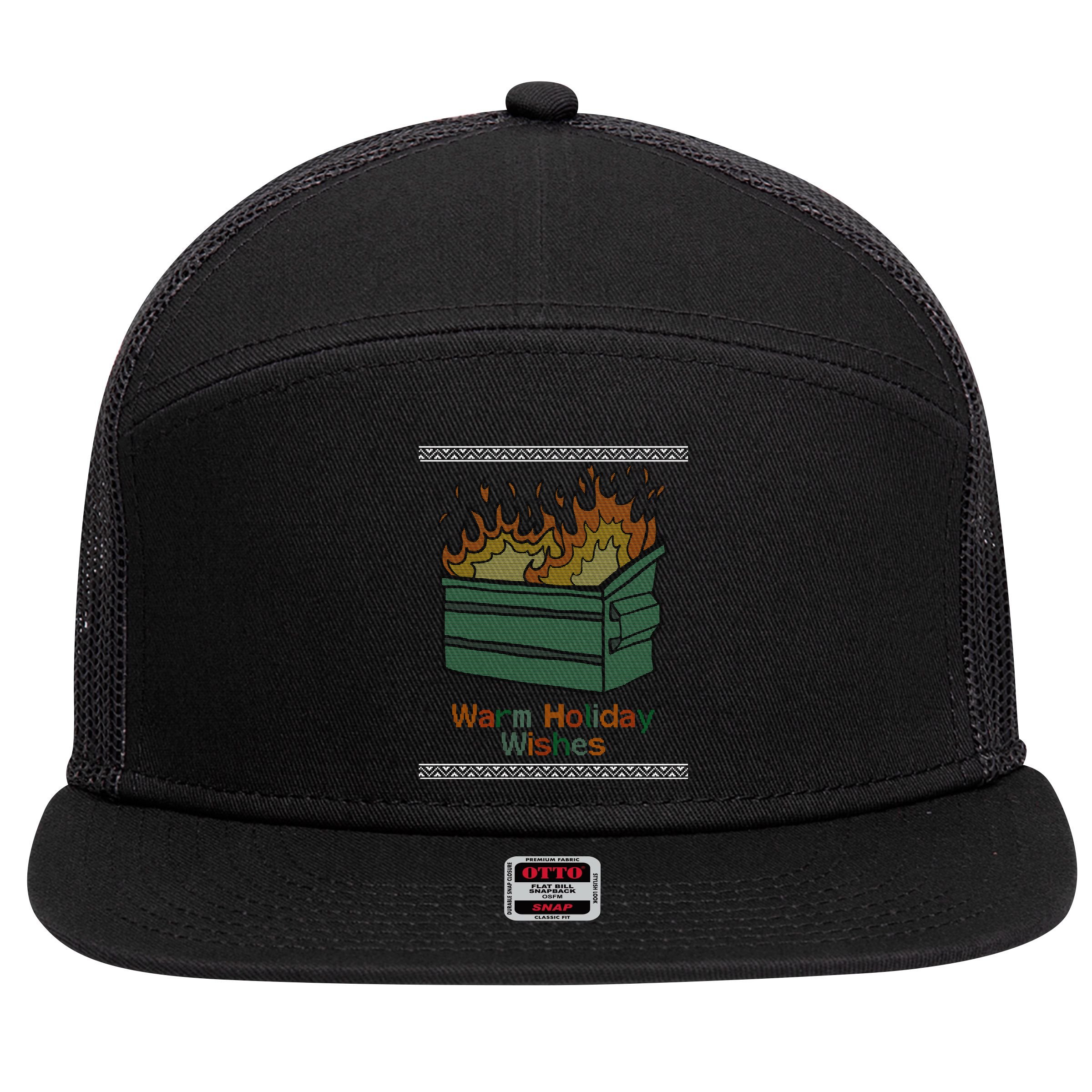 Warm Holiday Wishes Trash Can Flame Ugly Christmas 7 Panel Mesh Trucker Snapback Hat