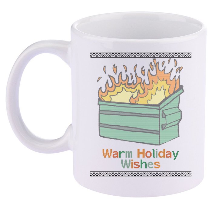 Warm Holiday Wishes Trash Can Flame Ugly Christmas 11oz C Handle Ceramic Mug