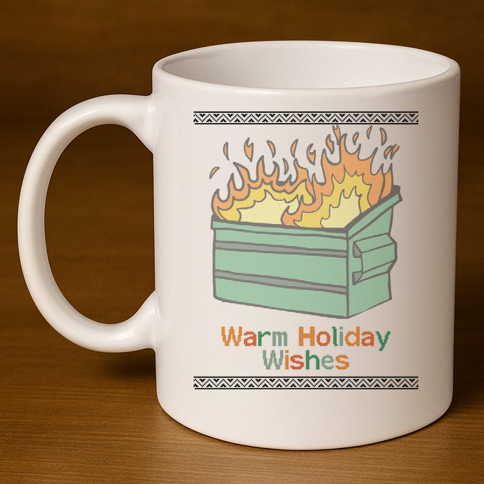 Warm Holiday Wishes Trash Can Flame Ugly Christmas 11oz C Handle Ceramic Mug