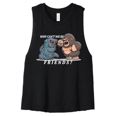 Why Can't We Be Friends Ape Monster Fights Women's Racerback Cropped Tank