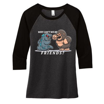 Why Can't We Be Friends Ape Monster Fights Women's Tri-Blend 3/4-Sleeve Raglan Shirt