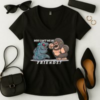 Why Can't We Be Friends Ape Monster Fights Women's V-Neck T-Shirt