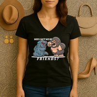 Why Can't We Be Friends Ape Monster Fights Women's V-Neck T-Shirt