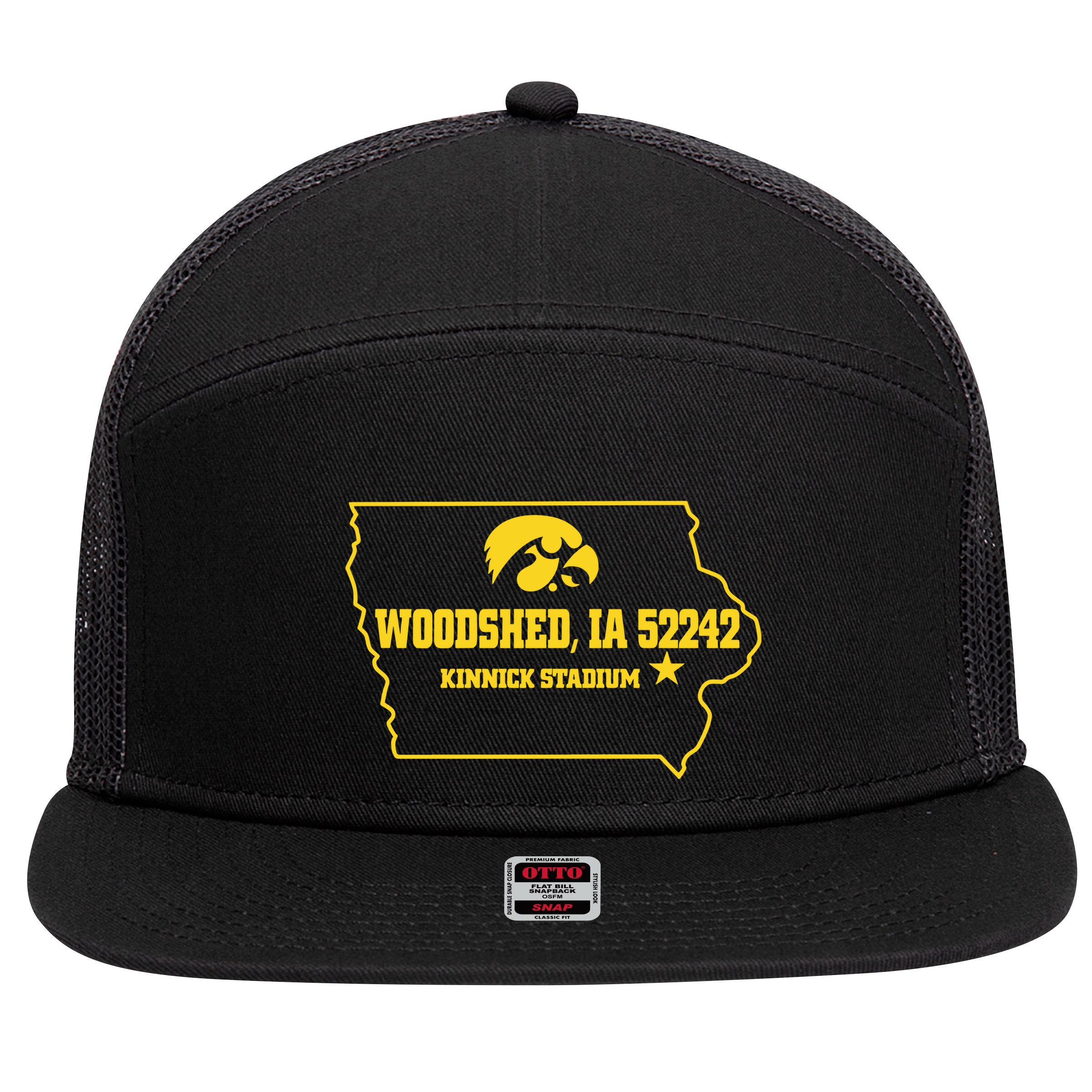 Woodshed Ia 52242 Kinnick Stadium 7 Panel Mesh Trucker Snapback Hat