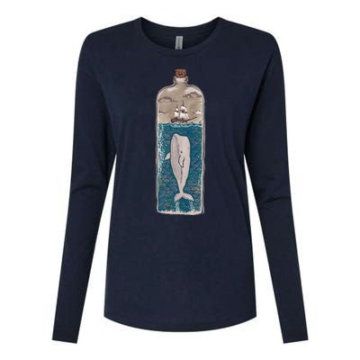 Whale In A Bottle Nautical Ship And Ocean Waves Womens Cotton Relaxed Long Sleeve T-Shirt