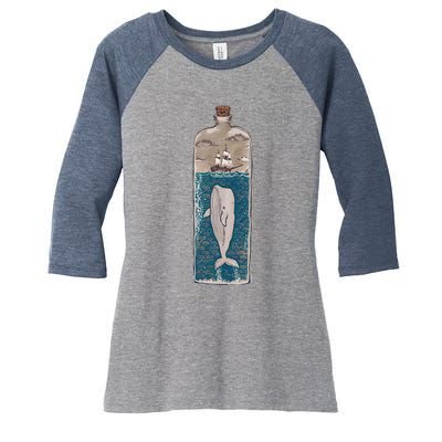 Whale In A Bottle Nautical Ship And Ocean Waves Women's Tri-Blend 3/4-Sleeve Raglan Shirt