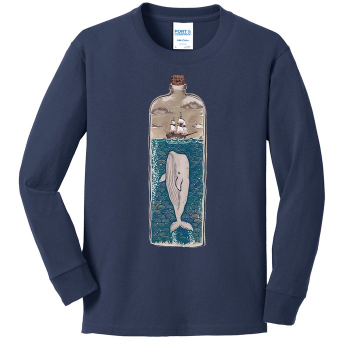 Whale In A Bottle Nautical Ship And Ocean Waves Kids Long Sleeve Shirt