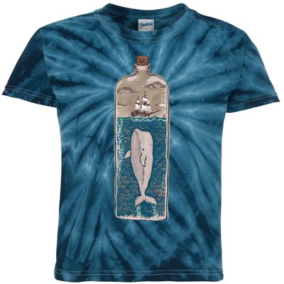 Whale In A Bottle Nautical Ship And Ocean Waves Kids Tie-Dye T-Shirt