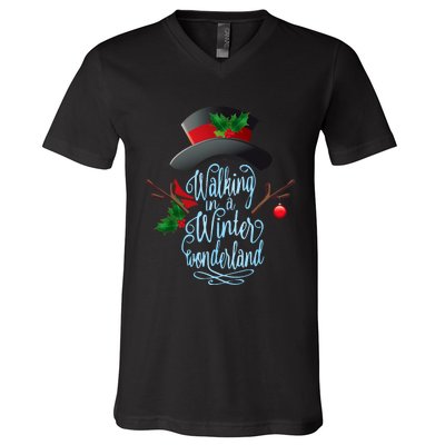 Walking In A Winter Wonderland Snowman Vintage Christmas V-Neck T-Shirt