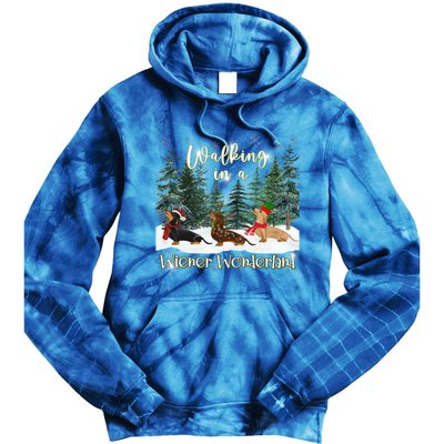 Walking In A Wiener Wonderland Dachshund Trio Funny Gift Tie Dye Hoodie